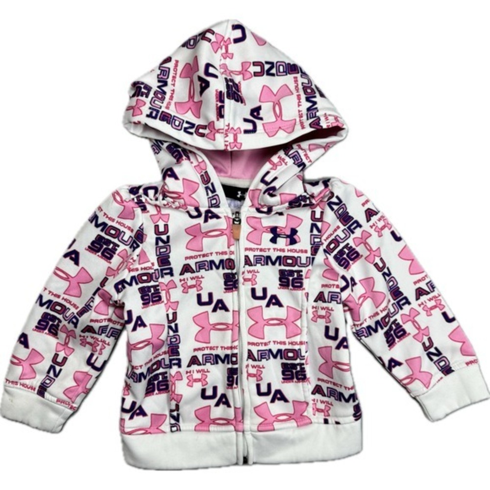 Under Armour Hoodie Kids 18M White Pink Logo Full Zip Fleece
